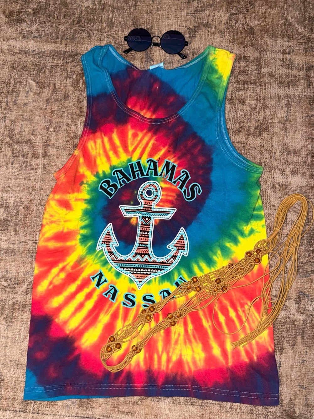 3 pc Hippy Costume Tie Dye Tank Top (Sz Small) & Boho Macrame Belt Costume Set